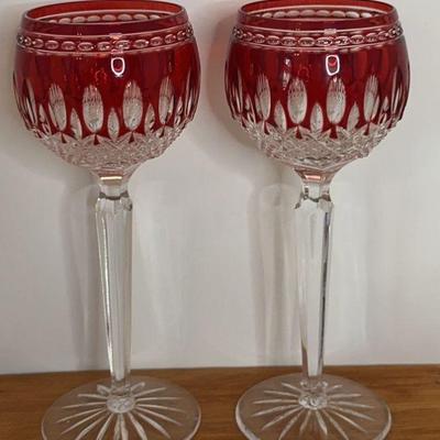 Waterford Crystal Claredon Hock Wine Ruby Red Glass Pair