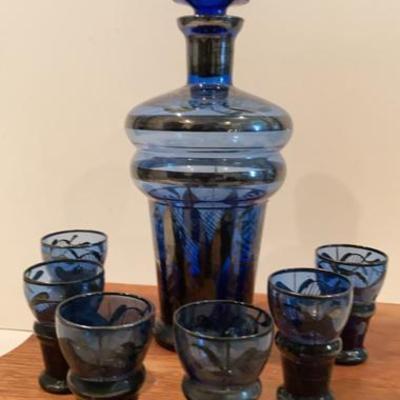 Vintage Hand Blown Cobalt Blue Glass Decanter Set With Silver Overlay