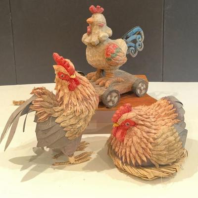 Rustic Farmhouse Bobble Head Rooster With Paper Mache Pair
