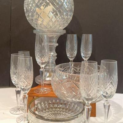 8--wine glasses 3 x 9 in.
1--larger bowl 9 x 4 in.
1--diamond cut glass bowl with silverplate rim 8.5 x 3 in. 
1--taller bowl 8.5 x 7.5...