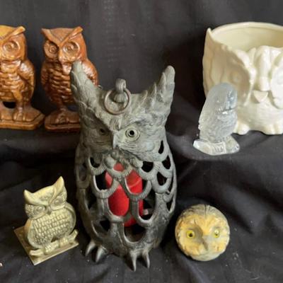 Pair of Brass Owl Bookends each 3x5.5
Vintage carved owl paperweight  3x3
Pair of painted metal owls 4x7
Vintage cast iron owl candle...