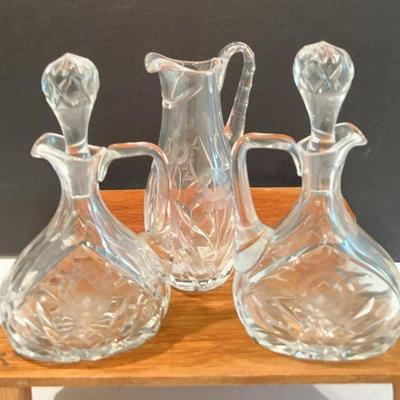 Vintage Crystal Oil And Vinegar Bottle Pair And Small Pitcher With Rose Pattern