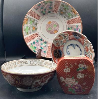 Asian style dishware three bowls, one vase, hand painted