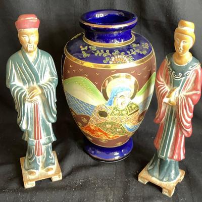 Japanese Vase And Wood Figurines
Chinese figures made of carved wood with polychrome stucco paint each 4x14