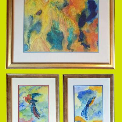(3) Original Watercolors by Sandy Robinson - Horse & Parrots