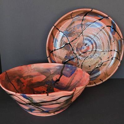 Vintage Hand-Glazed Studio Pottery Bowl & Platter