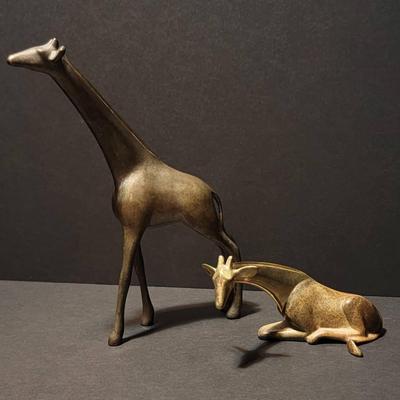 (2) Original Loet Vanderveen Signed Bronze Sculptures - "Classic Giraffe" & Standing Giraffe