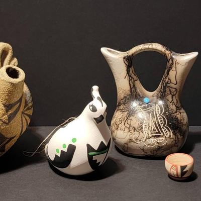 Native American Pottery, feat. Santa Clara Carved Blackware Pottery & Navajo Horsehair Vase
