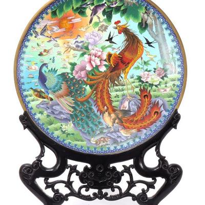 Lot 271 chinese cloisonne charger pheonix & peacock with custom stand