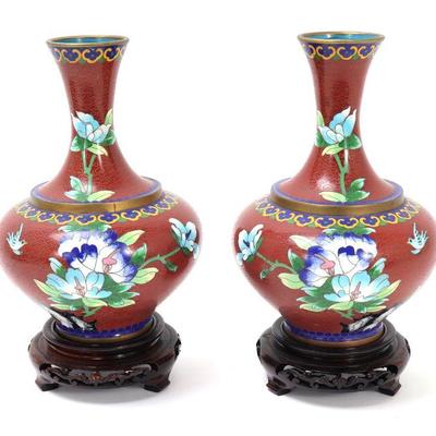 Lot 274 pair of red chinese cloisonne vases with stands
