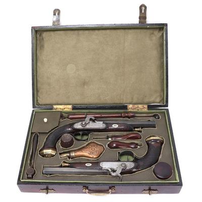 Lot 85 large cased set of percussion dueling pistols
