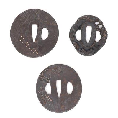 Lot 63 collection of three antique japanese tsuba