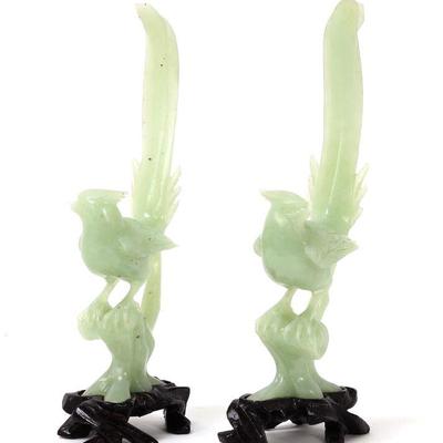 Lot 263 fine pair of green serpentine bird figurines on stands
