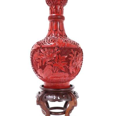 Lot 311 beautiful antique chinese cinnabar vase wstand