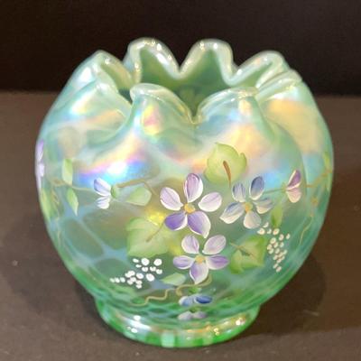 Fenton Handpainted Diamond Optic Crimped Rose Bowl in Iridescent Sea Foam Green