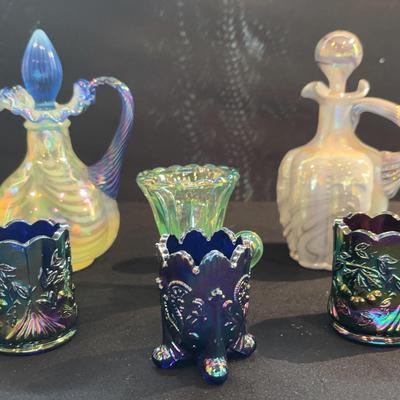 Beautiful Iridescent Art Glass Collectible (3) & Toothpick Holders (3)