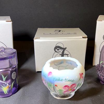 Fenton Violet Trinket Box, French Opal Rose Bowl Candleholder & Violet Fairy Shade Candleholder