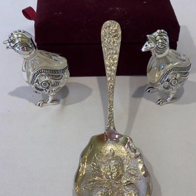 Vintage Godinger Silver Crystal Salt & Pepper Shakers Chicks & Stieff Rose Strawberry Spoon