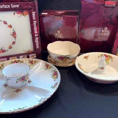 Royal Albert: All Brand New In Box. Chip & Dip, Berry Bowl, Pie Plate, Sea Food Forks,Surface Saver
