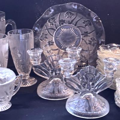 Clear Glass Pitcher-Glasses Small Bowls/Plates, Sugar Bowl & Double Candelabra Set Of 2