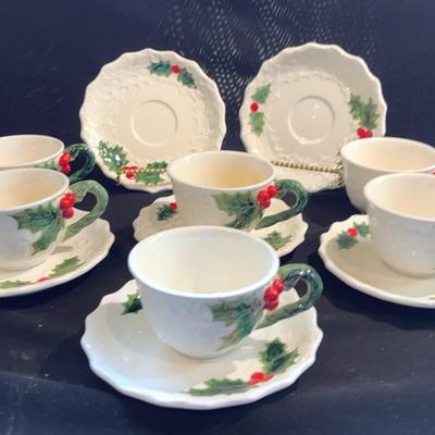 Vintage Lefton Christmas Holly White Cups & Saucers Made in Japan & Red Cake Stand
