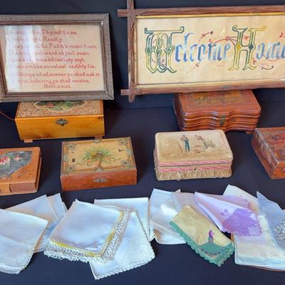 Vintage (possibly antique) Cross Stitch, boxes and linens 
