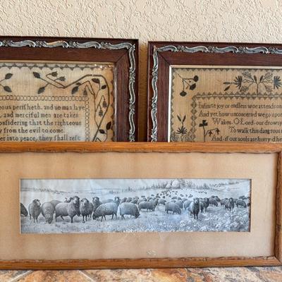 Vintage (possibly antique) signed drawing from artist W. Ferguson + Cross Stitch framed pieces 