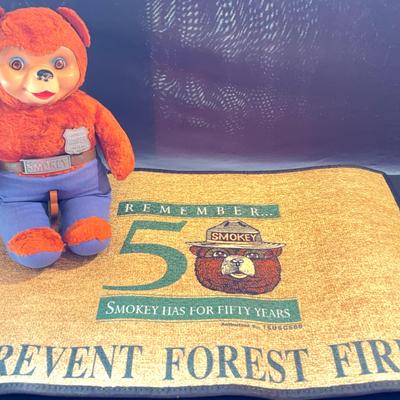 Vintage Smokey The Bear With Rubberized Face And Smokey Floor Mat