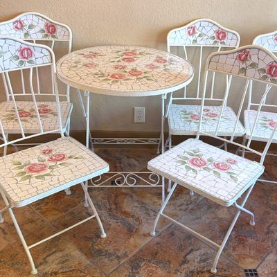 Concrete and Metal Floral Mosaic Table + 5 chair Set 