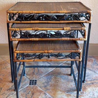 Set of 3 Rattan & Wrought Iron accent tables 