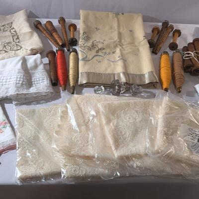 Vintage Linens, Heritage Lace Tablecloths and Variety Of Spools And Knobs