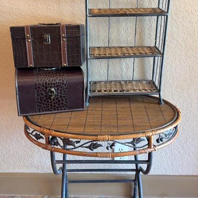 Rattan and wrought iron side table + accessories cabinet and decorative cases 