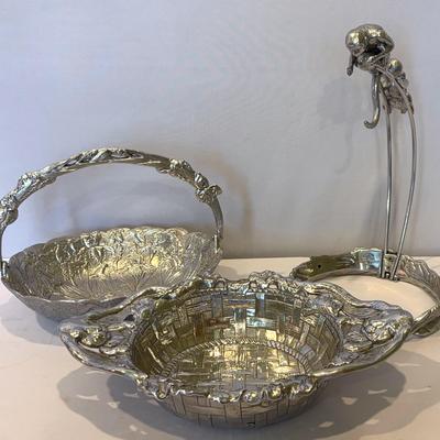 Arthur Court Aluminum Bunny Rabbits Basket Cabbage Bowl Centerpiece, Basket & Monkey Bowl Holder