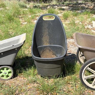 Rubbermaid utility wagon + 2 plastic wheeled totes 
