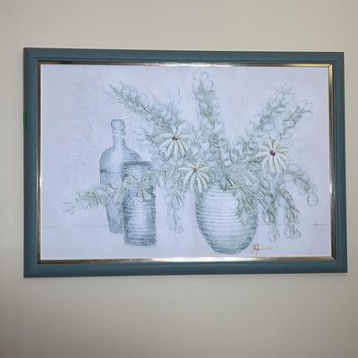 Hand-Painted Green Trim Wall Art with Raised Flowers & Vases – Vintage Charm