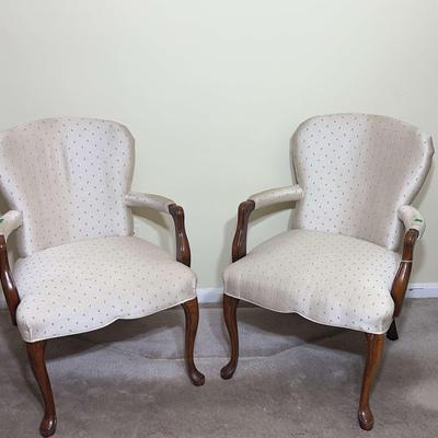 Pair of Decorative Cream Accent Chairs w/ Blue Print & Carved Wood Legs