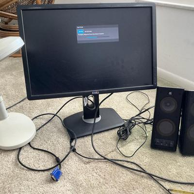 Dell 22” Monitor, Logitech Speakers And Desk Lamp