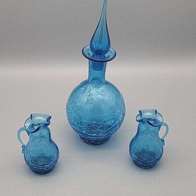 Blue Crackle Glass Decanter Set 
