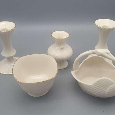 Lenox White Candlesticks, Serving Bowl, Small Vase, And Swan Trinket Holder 