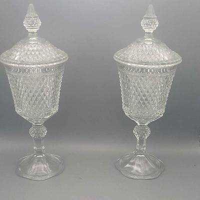 16" Twin Clear Cut Glass Footed Candy Dishes With Lids 