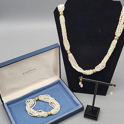 Pearl Style Necklace, Bracelet, & Earrings 