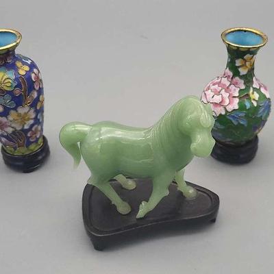  Chinese Peking Glass Horse & Miniature Cloisonné Vases 