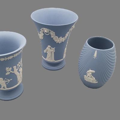 Wedgwood Blue Jasperware 3 Vases 