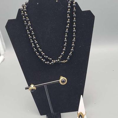 Costume Black Stone Style Necklace, Earrings, And Ring 