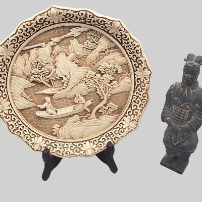 Terra Cotra Army Reproduction Statue And Arbart Imported Carved Resin Plate
