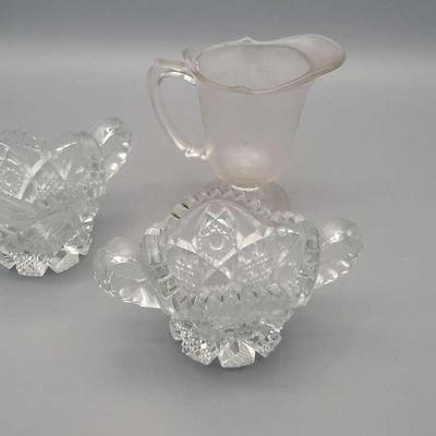 Nucut Crystal Sugar Bowl, Creamer, And Glass Pitcher 