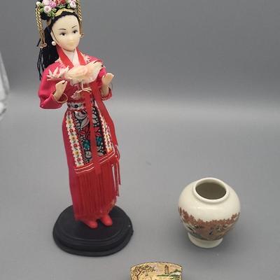 Japanese Satsuma Vase, Trinket Box, & Geisha Figurine 