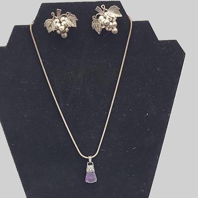 Sterling Silver Purple Sone Necklace And Grape Design Earrings 