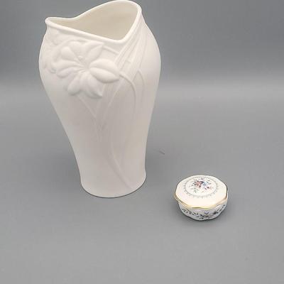 Wedgwood Rosedale Trinket Box & Gorham "Linen Flowers" Vase 