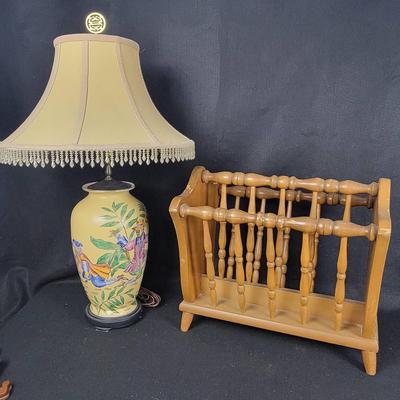 33" Chinoiserie Ceramic Monkey ginger Jar Lamp & Wooden Magazine Holder